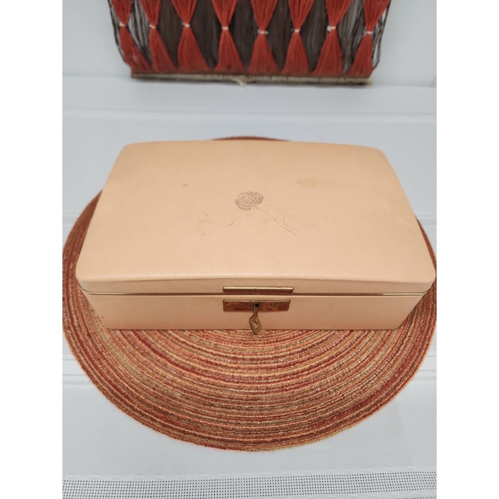 MCM 1945 Farrington Texol Peach/Pink Jewelry Box W Lock & Key Rose Velvet Lined